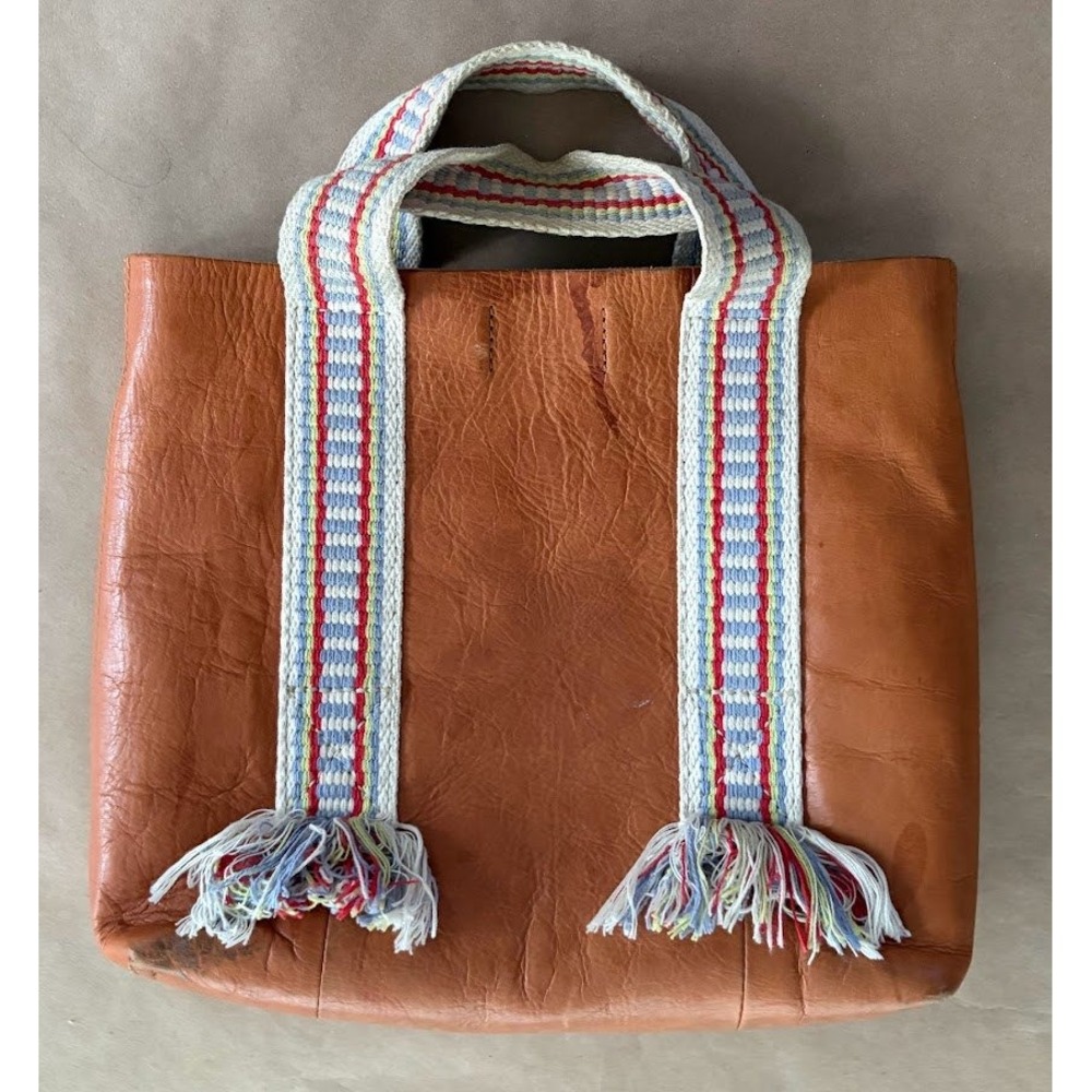 Madewell Tan Leather Transport Tote Woven Tassel Straps Boho Fringe Hipster - Picture 2 of 13